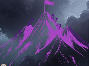 A group of men and women helping each other climb a mountain, symbolizing collaboration across industries to build an alliance