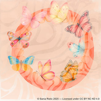 pastel-colour spheric contour covered by colourful butterflies, symbolizing multicellular integration in organoid research