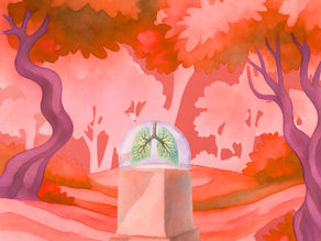 human lung placed under a glass dome on a greek-like column surrounded by forest trees