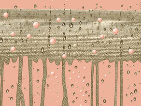 Rain drops in the spherical shape of organoids falling and gradually accumulating, forming thick vertical lines. 