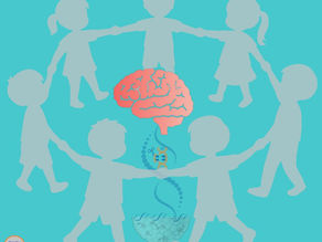 Children holding hands in a cercle. The center of the circle shows a human brain obtained through gene editing, illustrating gene therapy for human neurodevelopmental disorders.