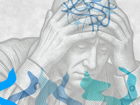 A person sketched in black and white colour holds their head, looking troubled. His thoughts are visually represented by blue lines that intersect chaotically, suggesting the person suffers from cognitive impairment related to Alzheimer's disease. Beneath his eyes, 6 abstract pattern lines of different blue shades progress toward him. These lines symbolize the 6 distinct hiPSC-derived cell lines that researchers have used to engineer a 3D immuno-glial-neurovascular human brain model for preclinical research into neurodegenerative disorders.