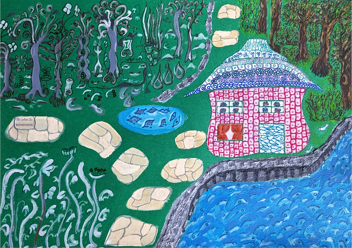 Two landscapes are separated by a yellow brick road. The one on the left, symbolizing disease state, is a fantasy forest with trees in strange shapes and in sickly violet colours, whereas the one the right, symbolizing healthy state, contains normal green trees. In the middle is a ‘Hansel and Gretel’-like house composed of human cells. The yellow brick road symbolizes the use of human-based methods in biomedical research. The viewer is invited to follow the yellow brick road to find the way out of the disease state and into the healthy state.