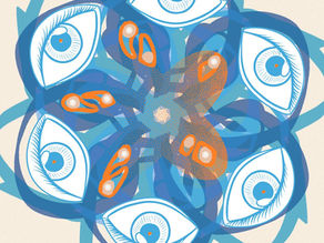 A stylized complex multi-layer shape, representing 3D bioprinted  human tissues for biomedical research. At its center, in orange colour, are functional bioprinted pancreatic islets. The use of innovative computer vision and microscopy technology to obtain an adaptive, context-aware printing is symbolized by eyes situated at the periphery of the printed construct.  