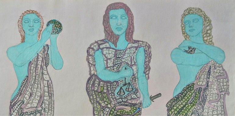 Three goddess-like figures painted in colour blue. The first female figure carries an organoid symbolizing science, the second carries the scales of justice symbolizing ethical decision-making in science, and the third carries a lab rodent symbolizing animal protection.
