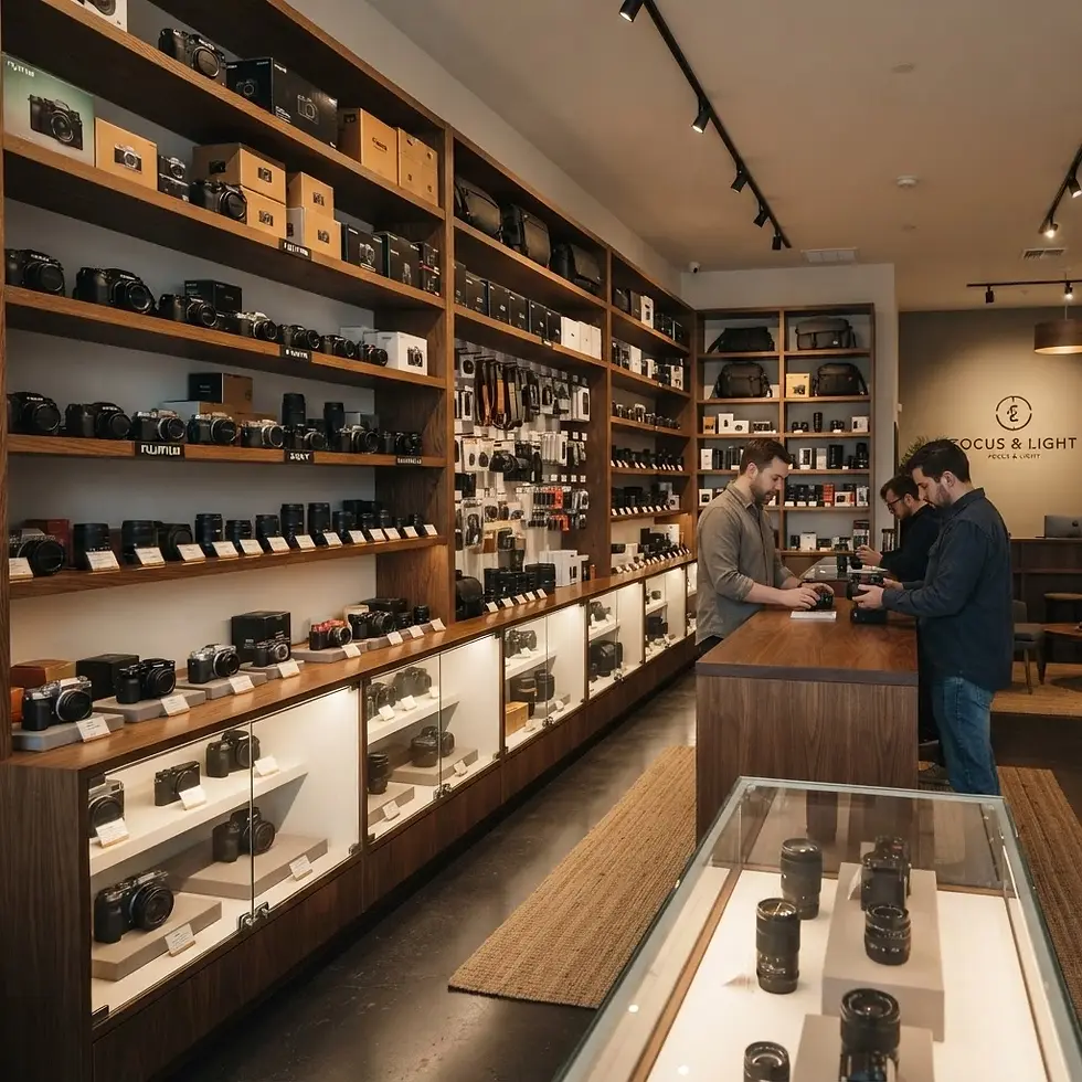Retail store photography of a well-stocked camera shop interior. Customers browse cameras and photography equipment displayed on shelves and in glass cases.