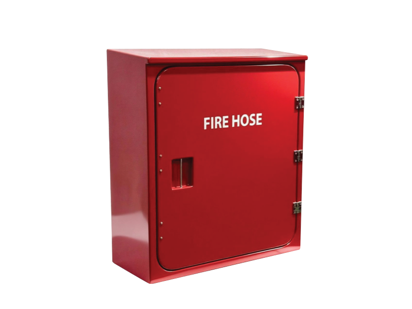 Red fire hose cabinet by a fire protection contractor in Johor Bahru.