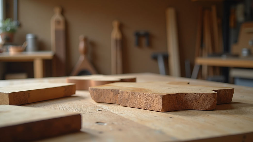 Eye-level view of a workshop with wooden furniture pieces and joinery tools