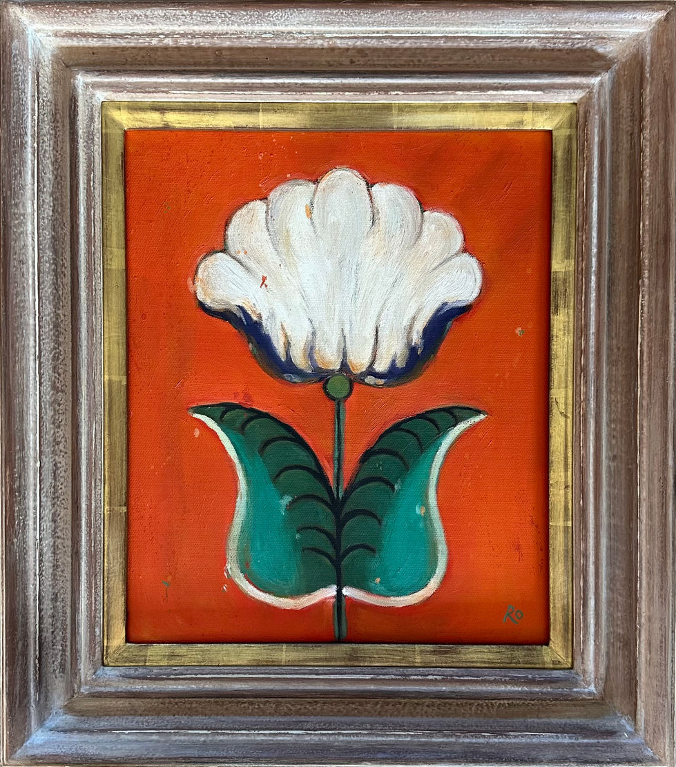 vintage white flowers and viridian green leaves on orange back ground oil painting