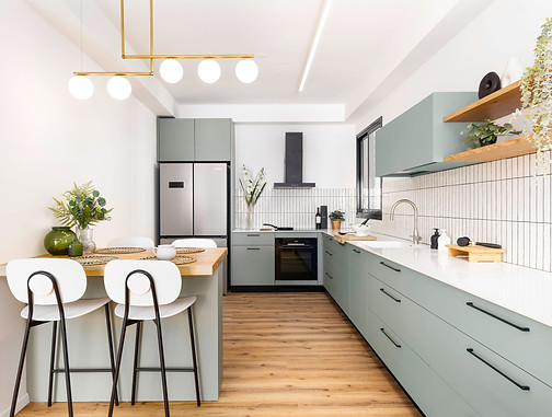 מטבח בדירת קבלן של מחיר למשתכן ברמת בגוון ירוק מרווה מעושן בסגנון כפרי מודרני 