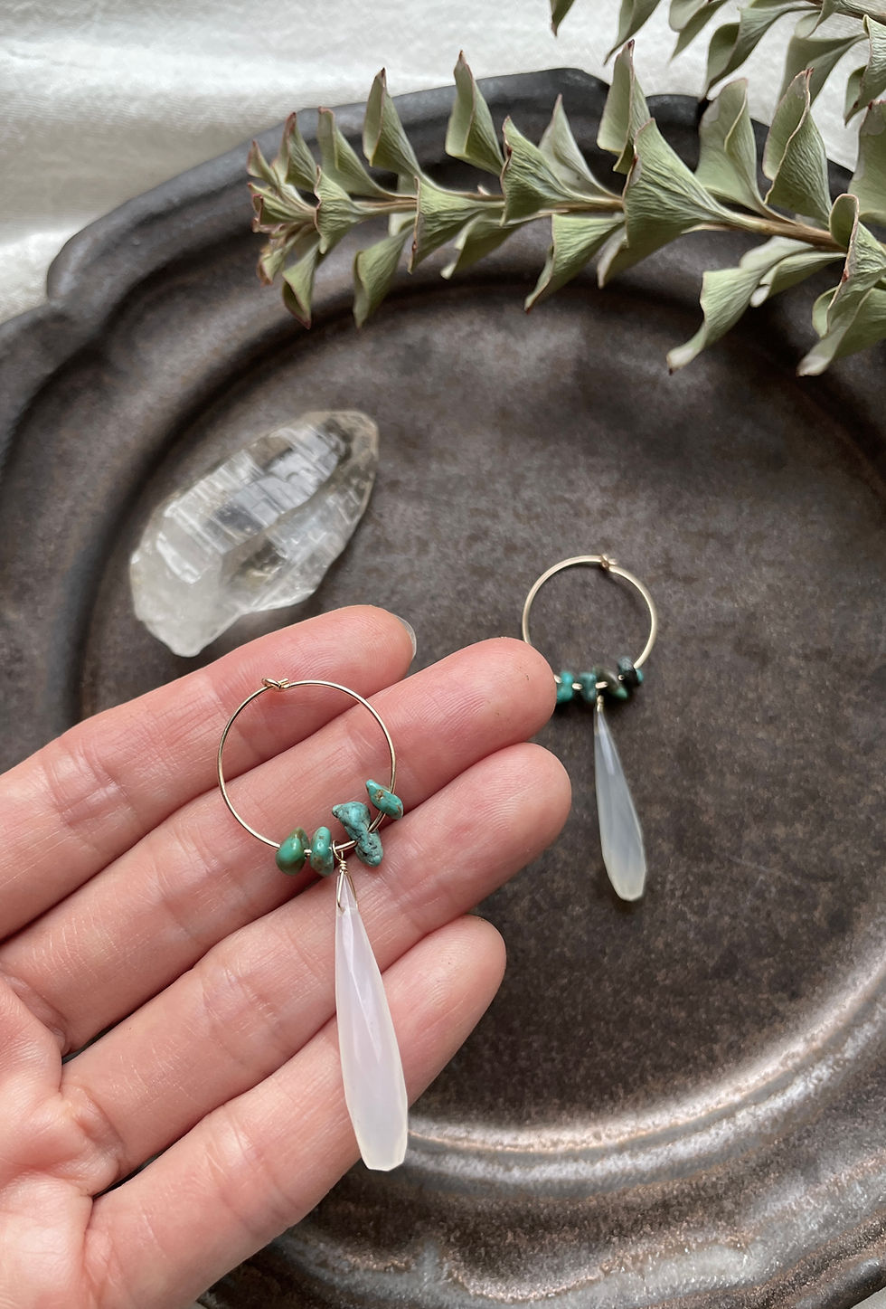 Thumbnail: White Chalcedony & Turquoise Hoop Earrings