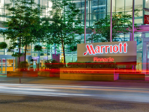 Exterior of the Vancouver Marriott Pinnacle Hotel in downtown Vancouver.