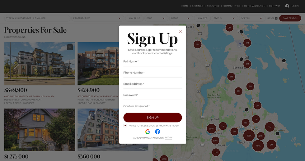 User sign up pop up