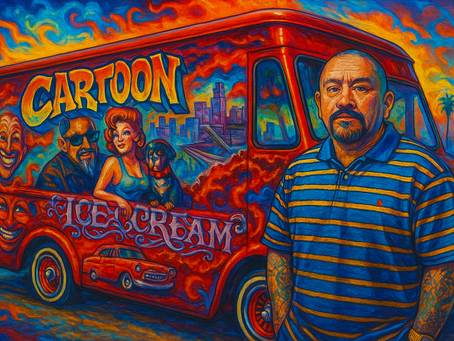 Drawing of Mr Cartoon in front of a painted truck