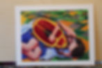 paint of a giant girl, sleeping in a field, hugging a giant beetle