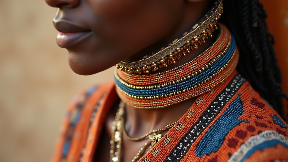 Close-up of handmade Senegalese jewelry with intricate beadwork
