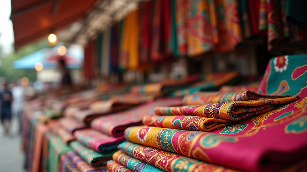 Eye-level view of colorful African wax fabrics displayed on a market stand