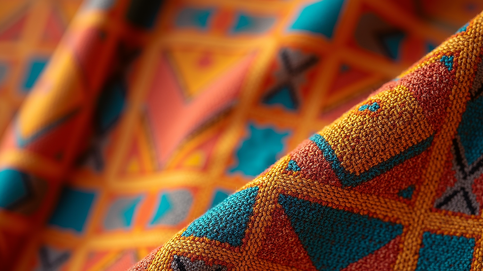 Close-up of vibrant Senegalese wax fabric with geometric patterns