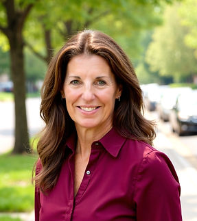 Woman smiling in red shirt