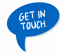Speech bubble illustration with 'get in touch' written inside