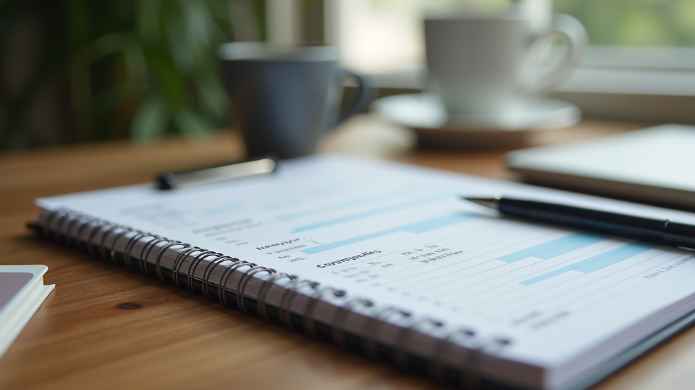 Eye-level view of a notebook with a financial plan and pen
