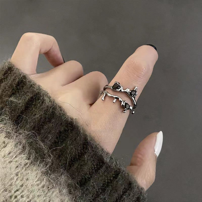 Silver Micro Rhinestone Black Flower Branch Ring Design
