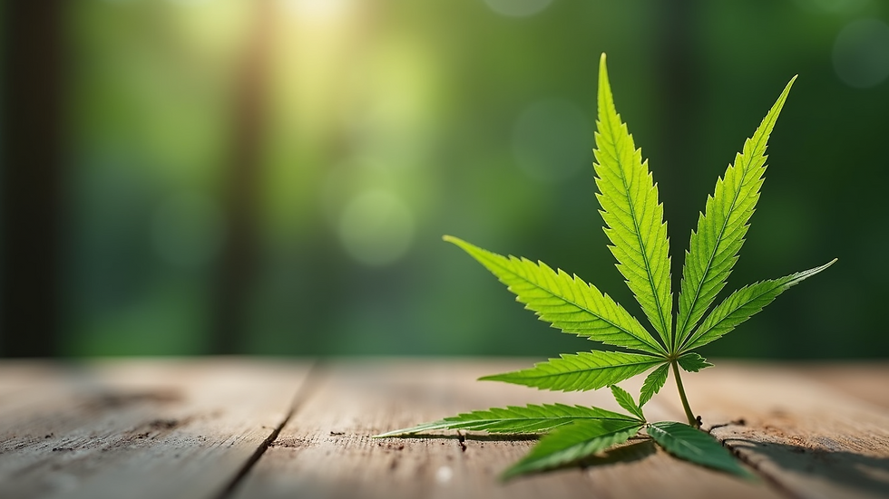 Nahaufnahme eines Cannabisblattes auf einem Holztisch