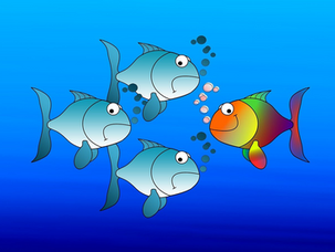 Smiling, colorful fish faces three blue, sad fish underwater. Bubbles float up. Blue background sets a playful contrast.