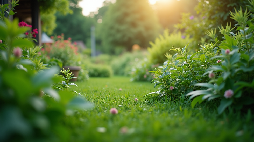 Eye-level view of a lush green garden with diverse plants