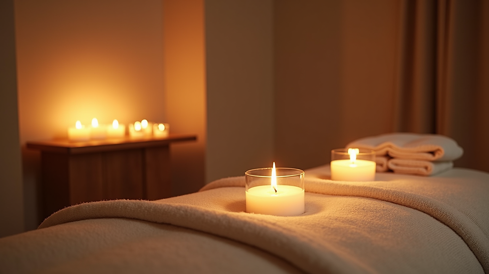 Eye-level view of a cozy massage space with candles and cushions