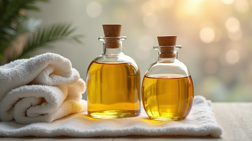 Close-up view of natural oils and soft towels arranged for massage