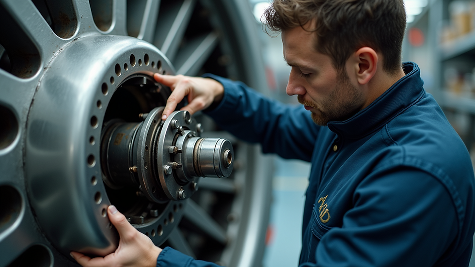 High angle view of aircraft maintenance technician inspecting magneto
