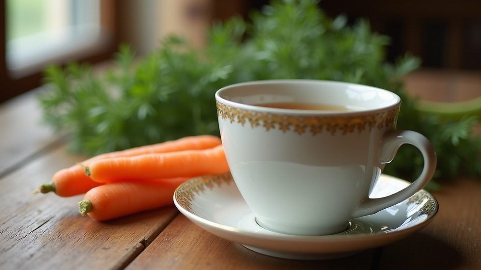 Eye-level view of a glass of herbal tea and fresh carrots on a wooden table