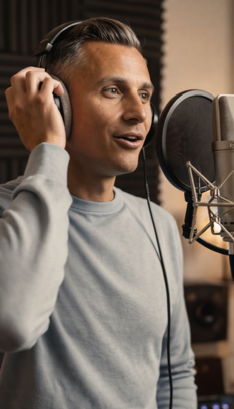 Portrait photo of a man in a light blue sweater singing into a studio microphone with headphones on