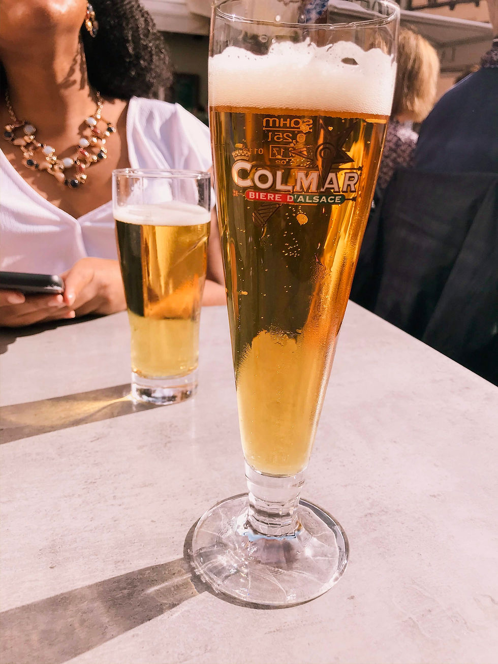 Glasses of local beer in Colmar, the Alsace region of France