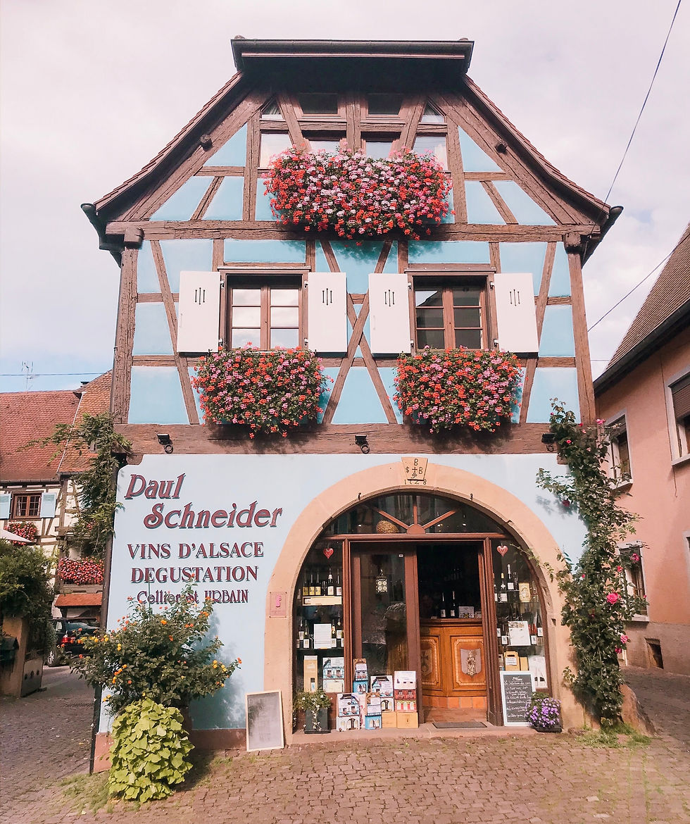 View of a blue winery in Eguisheim, the Alsace region of France
