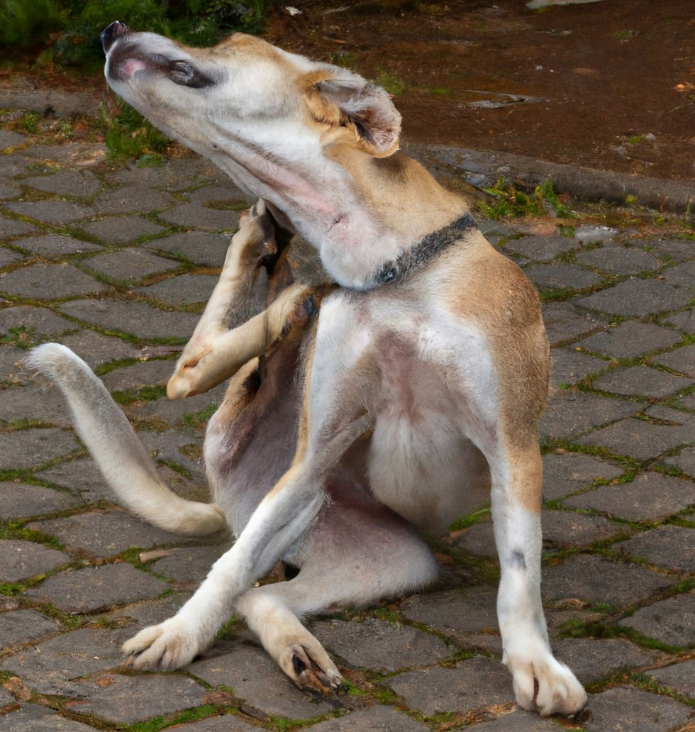 A dog sitting and scratching his ear