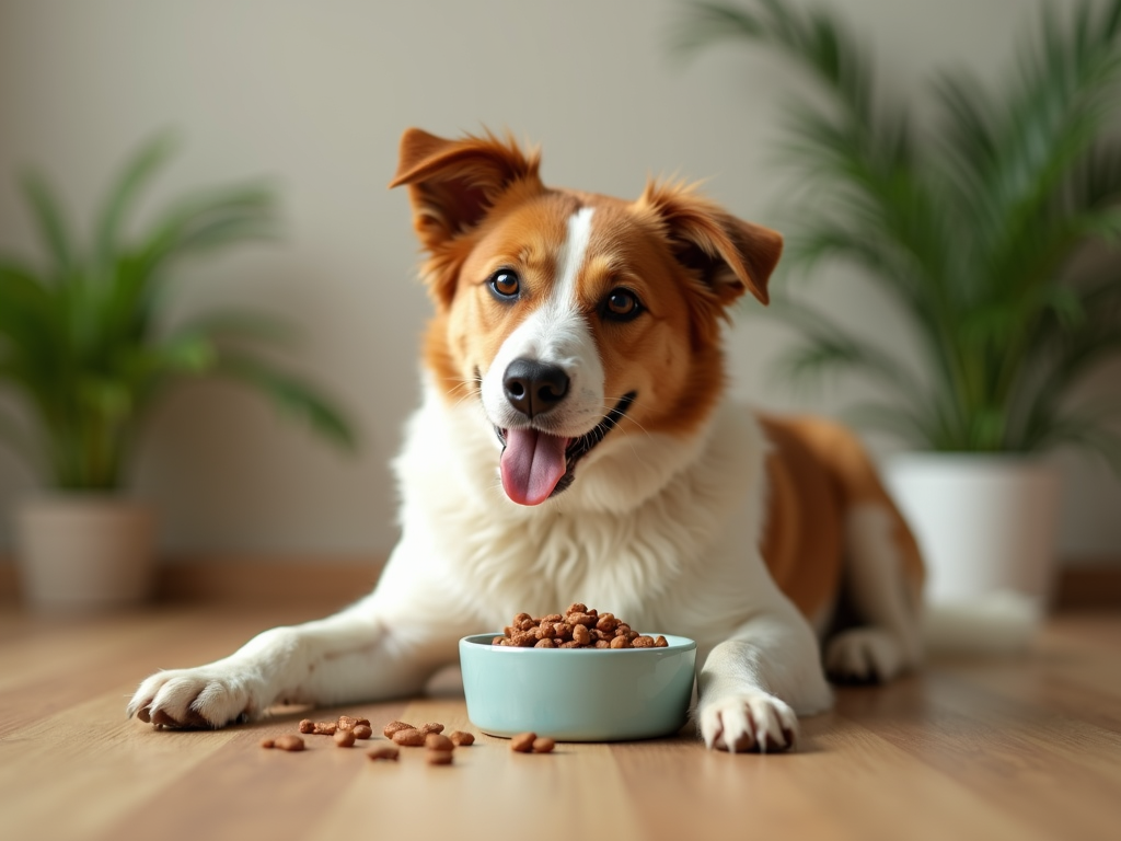 A happy dog with her bowl of food.