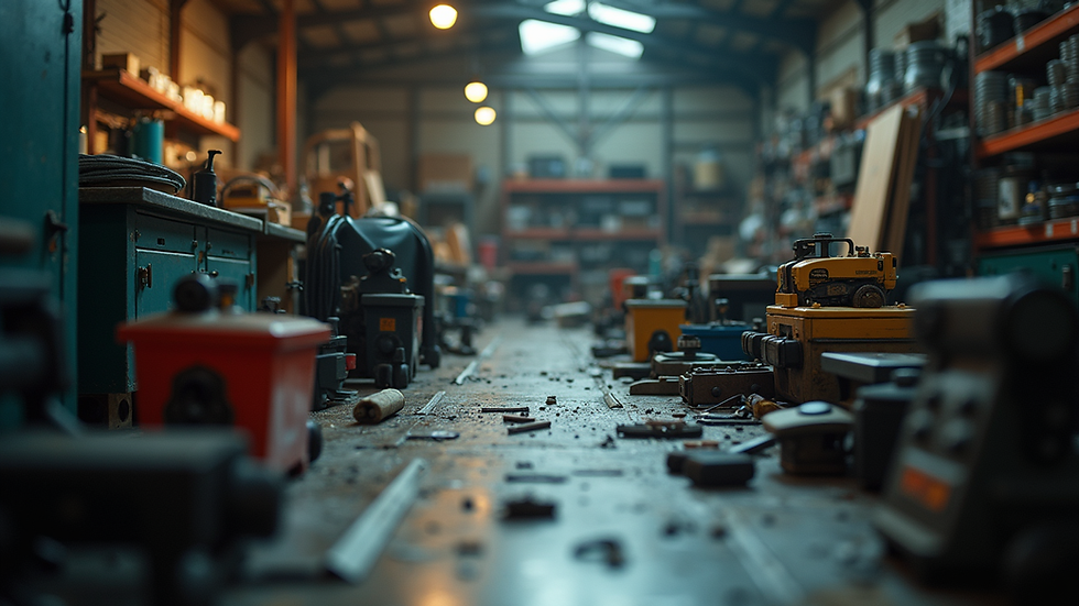 Eye-level view of a workshop filled with tools and equipment