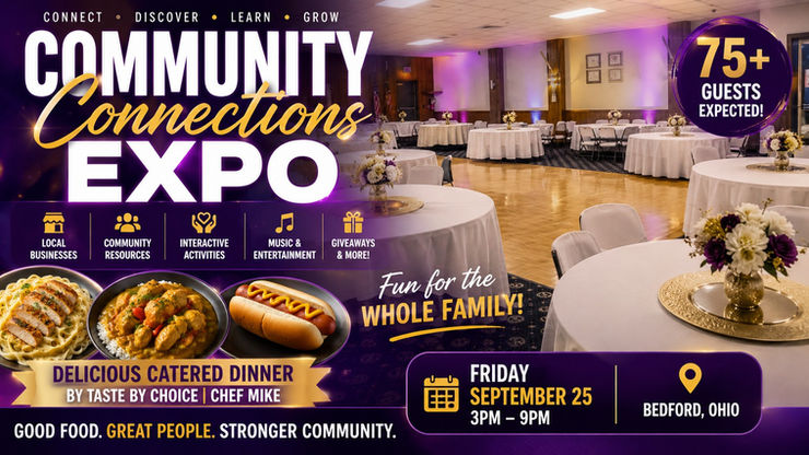 A promotional banner for the Community Connections EXPO featuring local residents and event details.