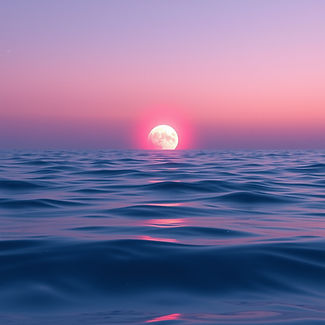 Calm ocean waves at twilight, soft purple and blue gradient sky, glowing planet Neptune ri