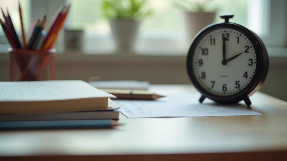 close-up view of a desk with organized school supplies and a timer