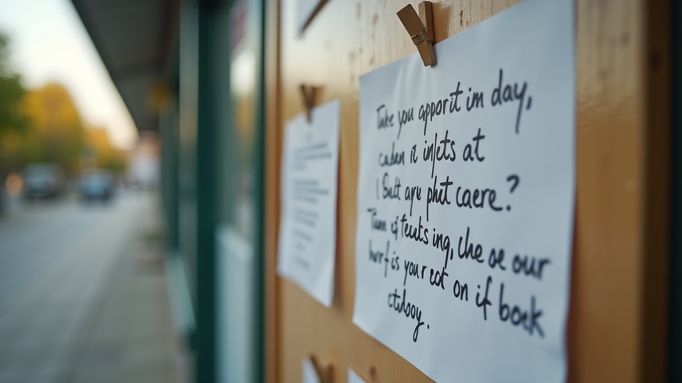 Close-up view of a handwritten note with an encouraging message left on a community bulletin board