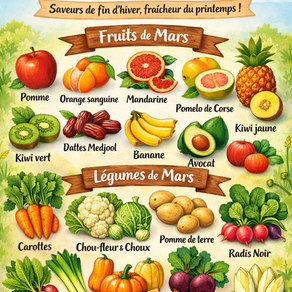 Illustration des fruits et légumes de saison en mars : pommes, oranges, kiwis, avocats, choux, courges, carottes et légumes bio d’hiver.
