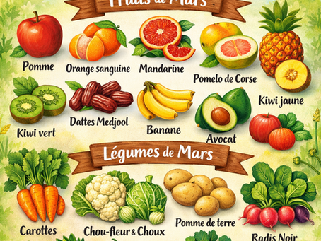 Illustration des fruits et légumes de saison en mars : pommes, oranges, kiwis, avocats, choux, courges, carottes et légumes bio d’hiver.