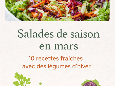 Salade de saison en mars avec carottes râpées, chou rouge, chou blanc et batavia, recette fraîche à base de légumes d’hiver.