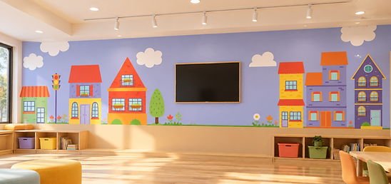 Sala infantil com mural colorido de cidade.png