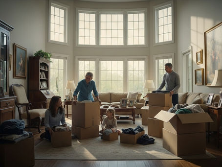 A family thoughtfully packs up their belongings in preparation for downsizing.