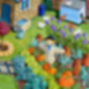 scarecrow with hens in a vegetable patch