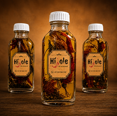 Tres botellas de aceite artesanal Híjole con chiles.